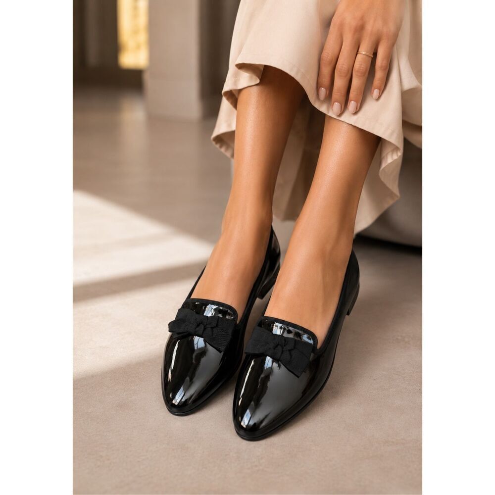 Jack Rogers Ginny Black Patent Leather Bow Loafers | Quiet Luxury Ballet Academi - Picture 1 of 9